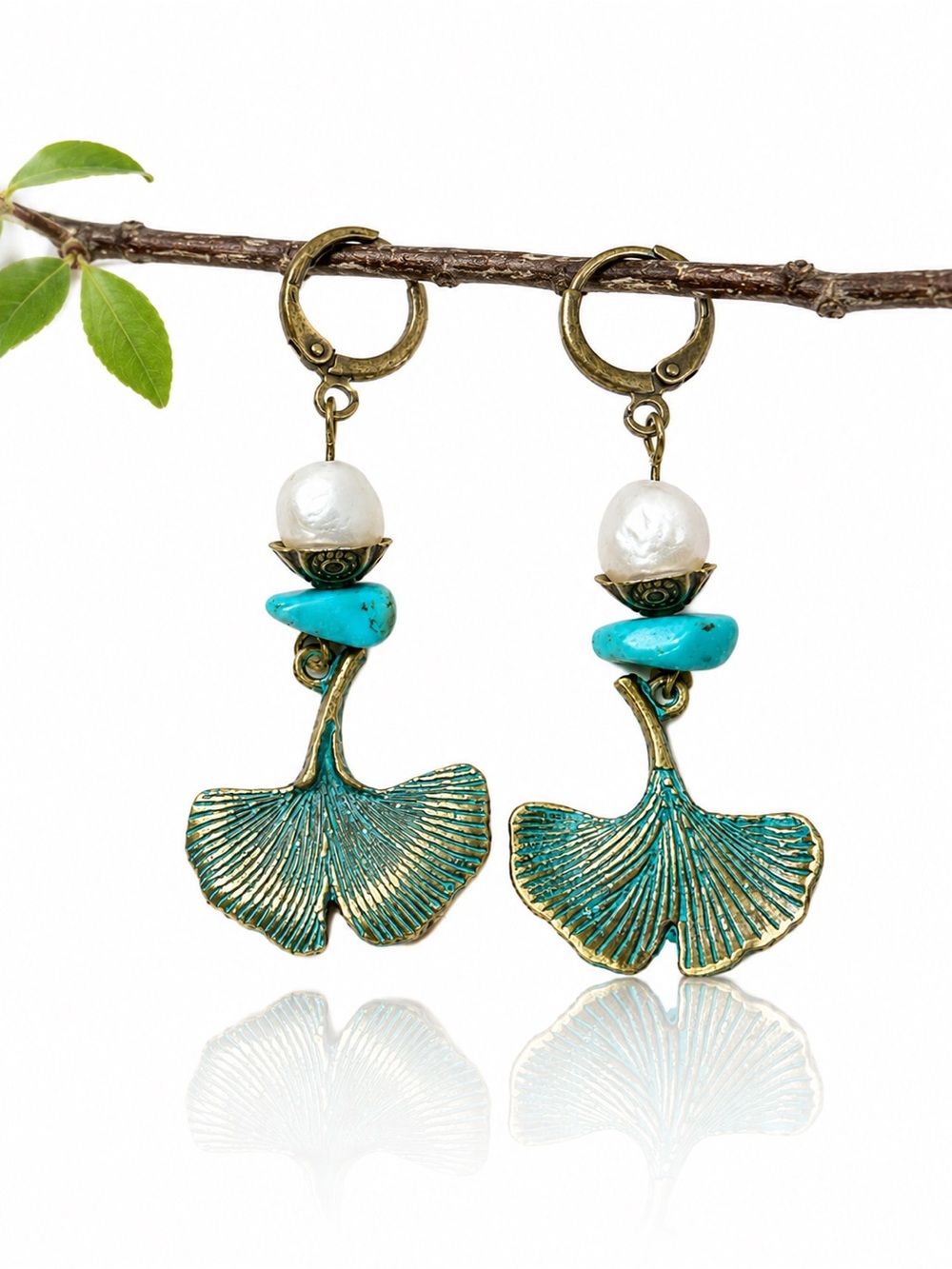 Freshwater Pearl & Turquoise Ginkgo Earrings, Bronze Dangles